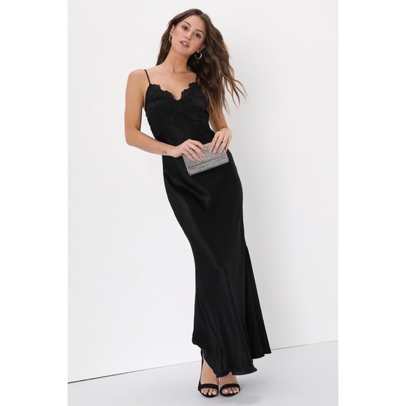 Lulus Dresses & Skirts - NWT Lulus Classy Beauty Black Satin Lace Mermaid Maxi Dress